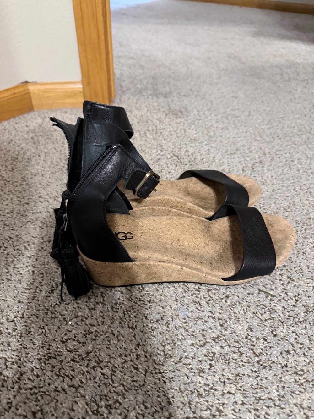 UGG Black Cork Wedge Sandals with Ankle Zip and Buckle